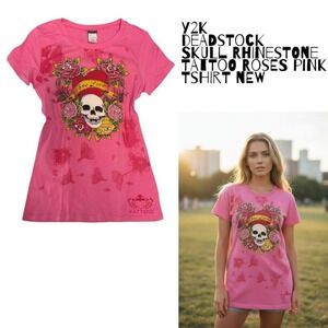 2000'S DEADSTOCK NWOT SKULL RHINESTONE TATTOO ED HARDY STYLE PINK T SHIRT LARGE